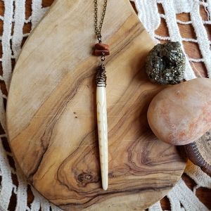 Handmade Bohemian Tribal Water Buffalo Carved Bone Goldstone Necklace